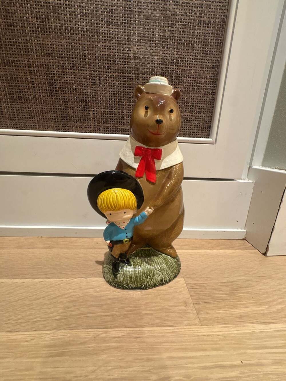 Vintage MY Made in Korea 9" Ceramic Bank Bear & Boy Unusual Unique HTF
